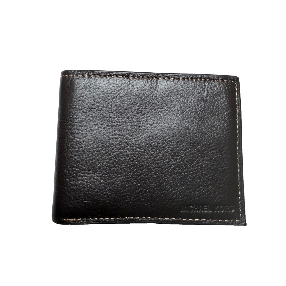 MK Michael Kors Men's Brown Pebbled Leather Slim Bifold Wallet - Dark Brown